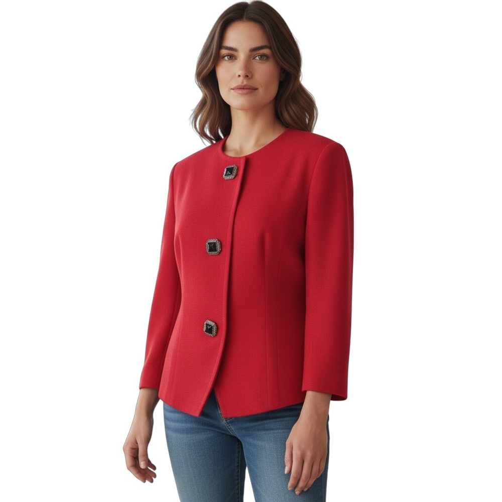 Vintage Bankers Club 80s 90s Red Wool Blazer Statement Buttons Size 8